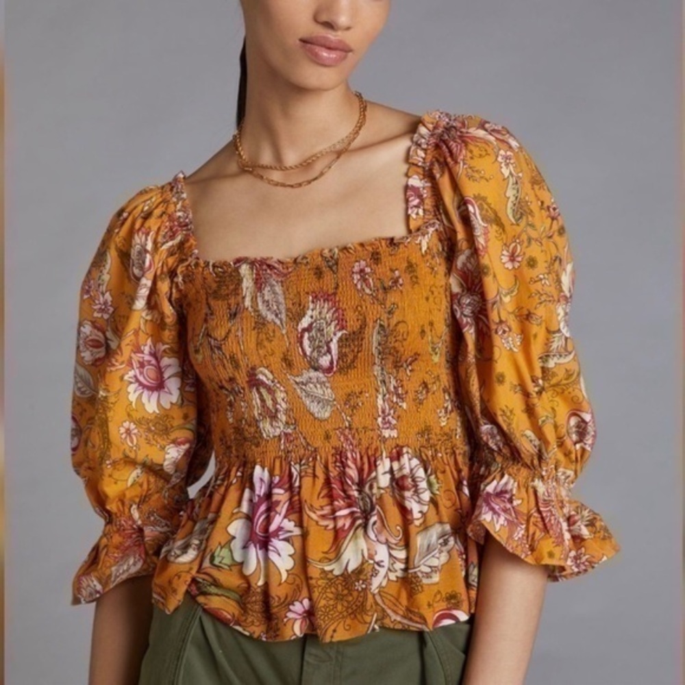 NWT Anthropologie Conditions Apply Boho  Smocked Puff Sleeve Floral Top